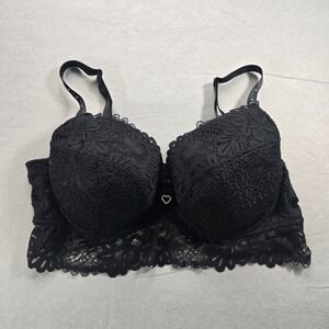 Pour Moi Contradiction Black Lace Longline Underwire Bra 38E Heart Charm